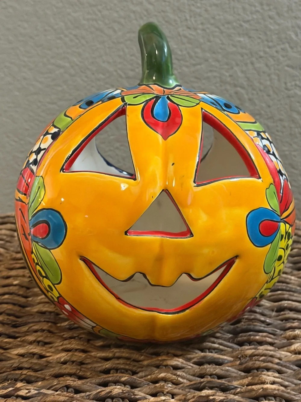 Talavera Pumpkin Luminaria Large – Hand Painted Mexican Jack O Lantern Decor